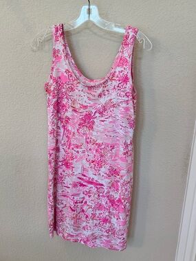 Lilly Pulitzer Pima Cotton, Pink and White Tropical Print Tank Dress. Size S.